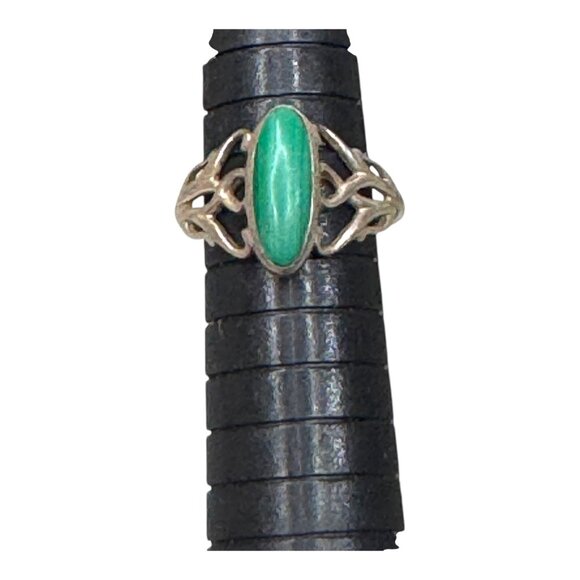 Vintage Malachite Oval Interlocking Hearts Sterling Silver Ring Abstract Sz 6.5 - Picture 5 of 9